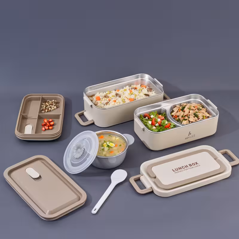 باکس ناهار یا ظرف غذا آریلدیز مدل Bento رنگ بژ 2000 میلی‌لیتر به همراه سس‌دان – انتخابی برای سبک زندگی مدرن و خاص