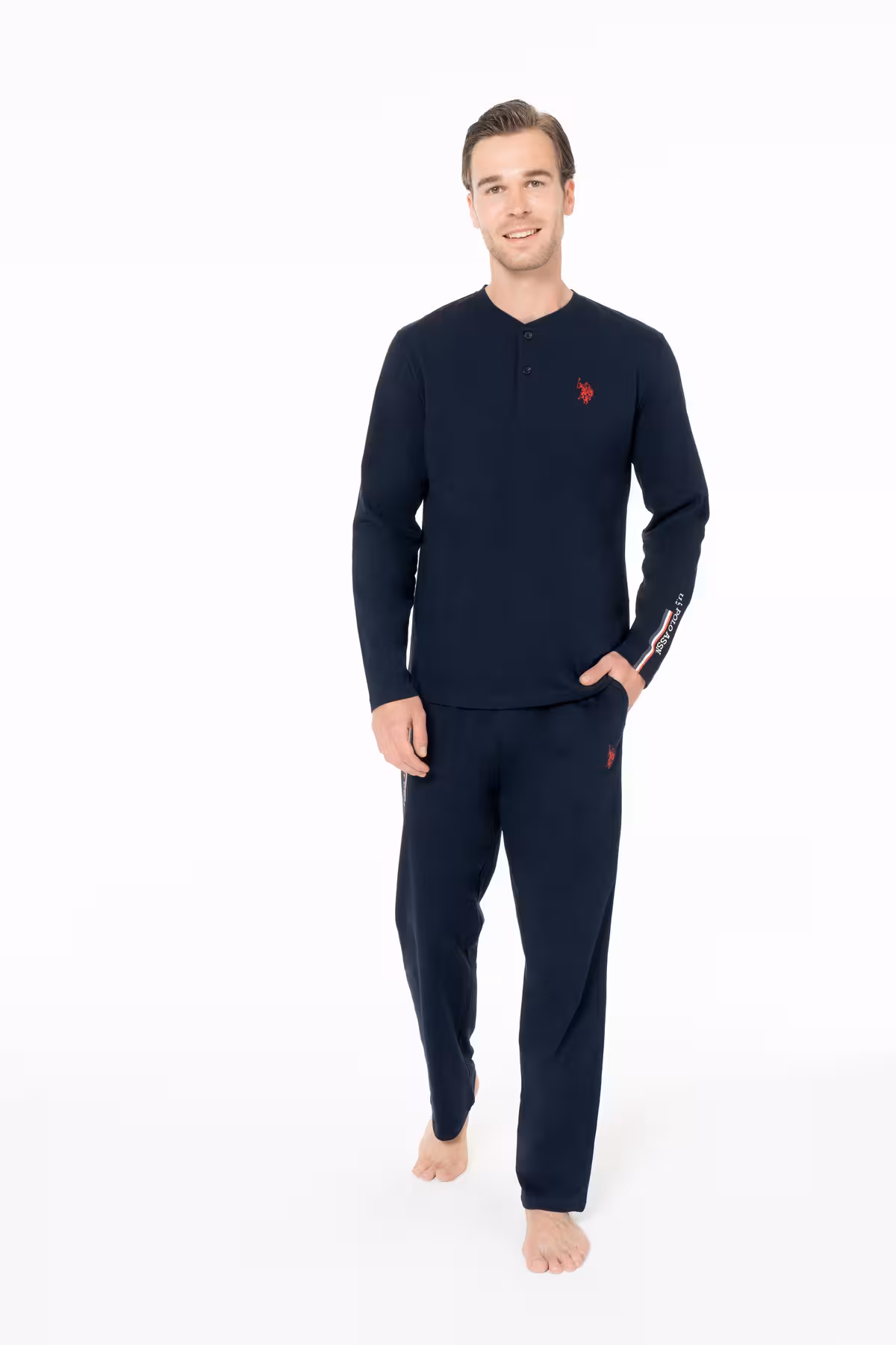ست پیژامه مردانه دکمه یقه پنبه ای 100 ٪ COMFORT با اندازه بزرگ آبی دریایی BYNVA18K95Y9BMTL LAC U.S. Polo Assn.