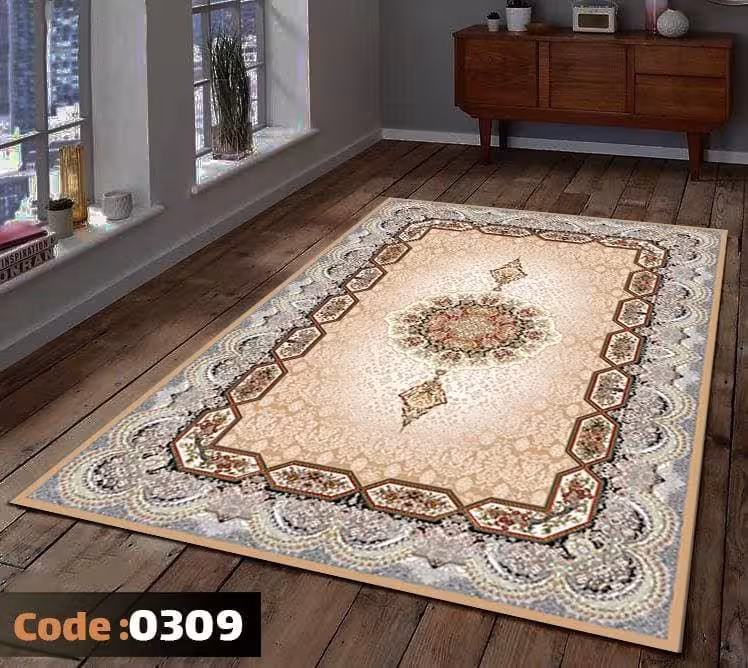 کاورفرش روفرشی دورکشدار گوشه لیفه ای کرم  قهوه ای کد 0309