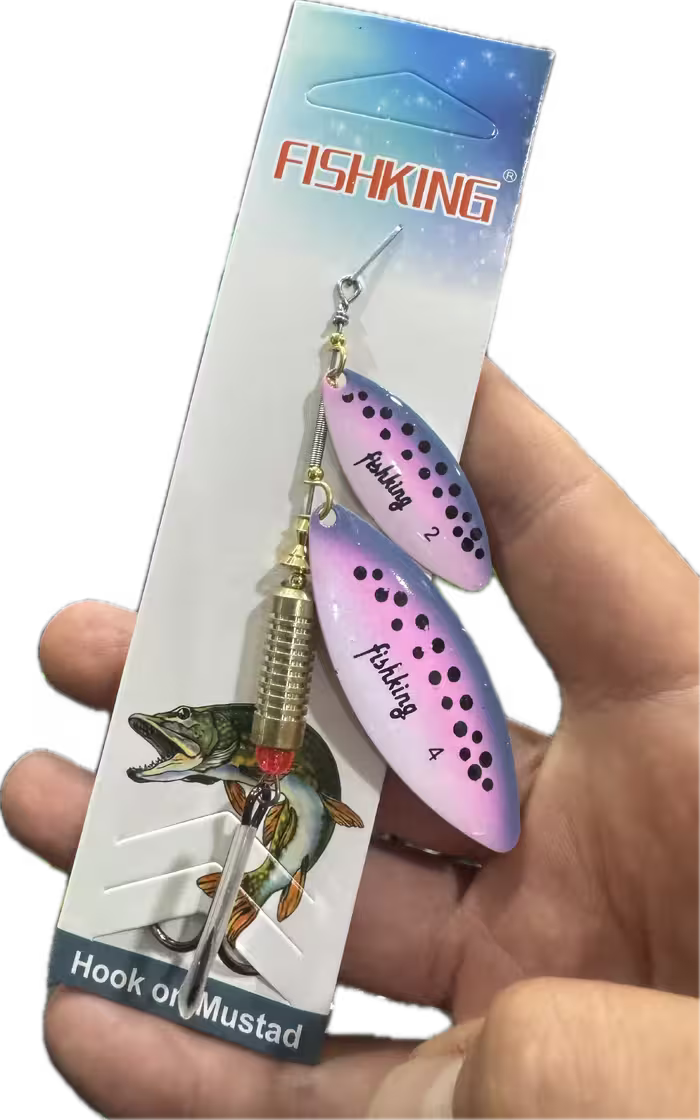 لانسه ماهیگیری دو پلاکه خال مشکی زمینه صورتی سفید FISH KING
