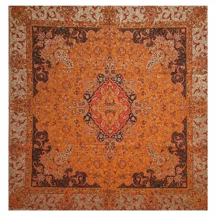 رومیزی مربع ترمه ابریشم کد TRM17 نفیس رنگ نارنجی آستر کرم  لبه یراق دوزی