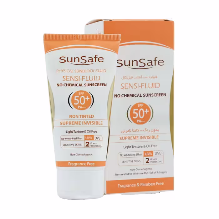 فلوئید ضد آفتاب فیزیکال سان سیف با SPF50 مناسب پوست‌های حساس حجم 50 میلی لیتر