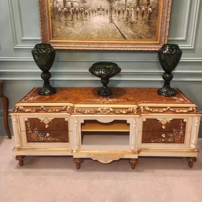 میز تلویزیون جدید قهوه ای و طلایی