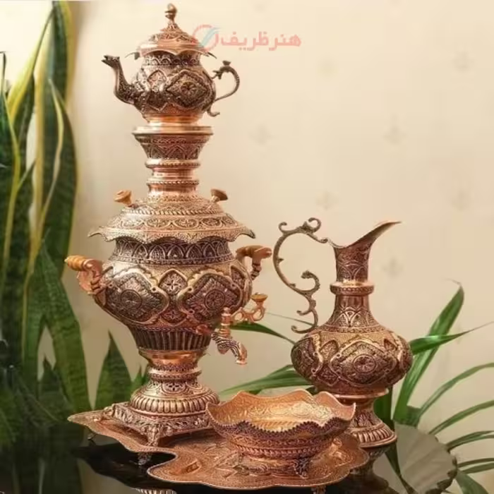 سرویس سماور قلم زنی زغالی مسی 8 لیتری سنگین وزن