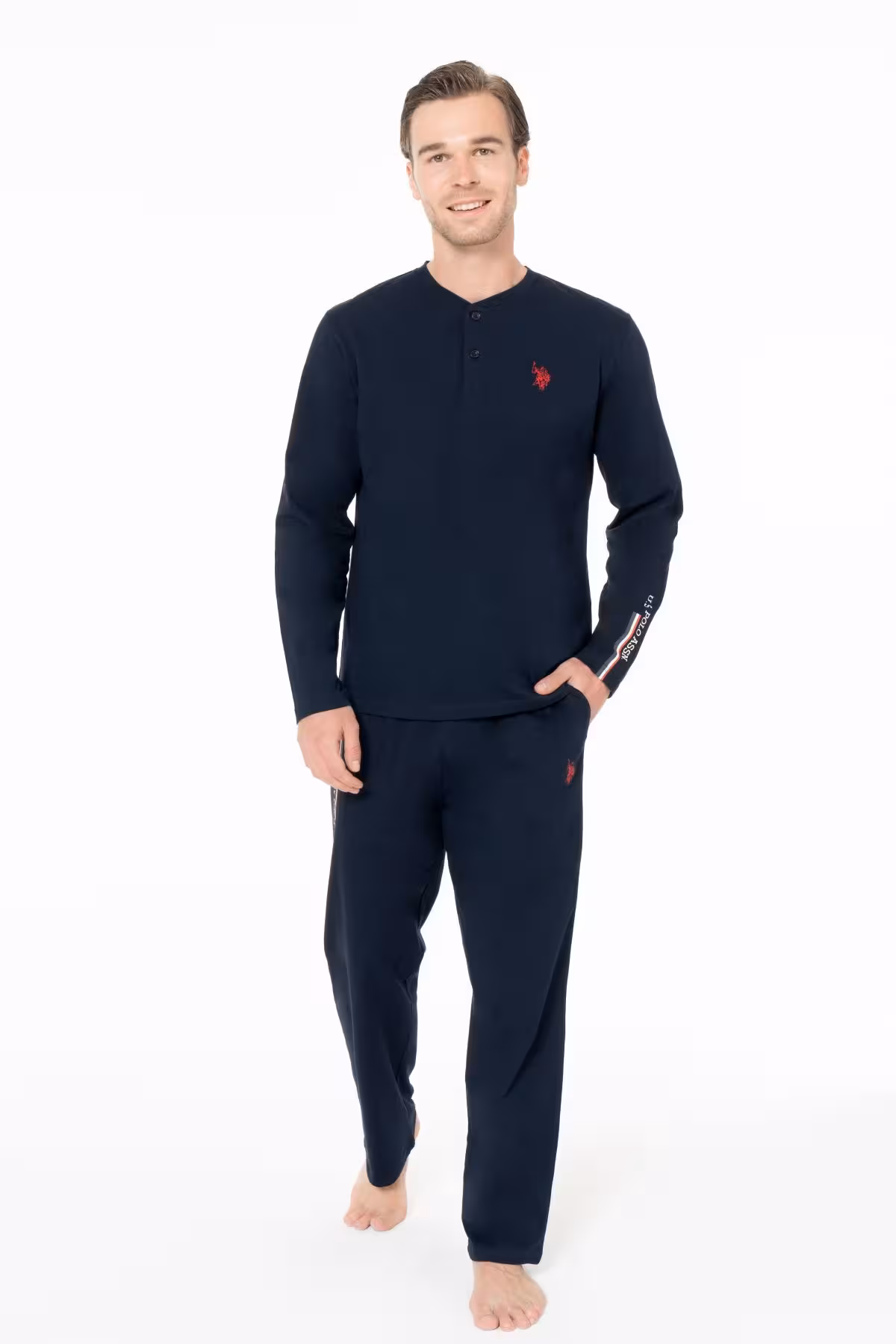 ست پیژامه مردانه U.S POLO ASSN. یقه آستین بلند سه دکمه لباس خواب و رنگ آبی U.S. Polo Assn.