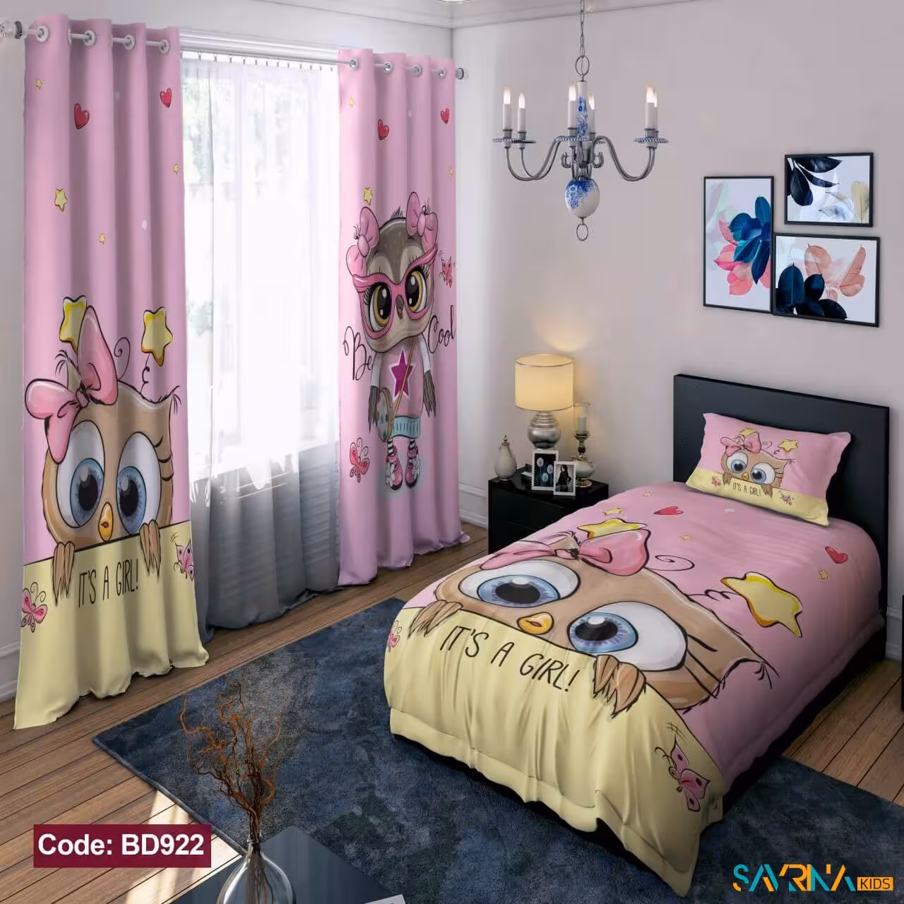 ست اتاق خواب دخترانه طرح جغد چشم ابی کد BD922