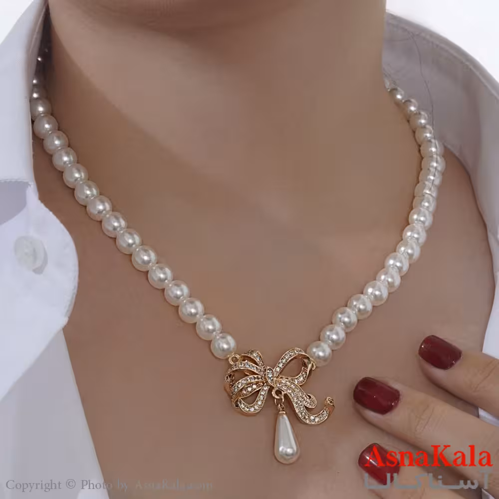 گردنبند مرواریدی  و پاپیون آبکاری طلا زنانه استیل طلایی دارای پوشش نانو کد GNB16670W