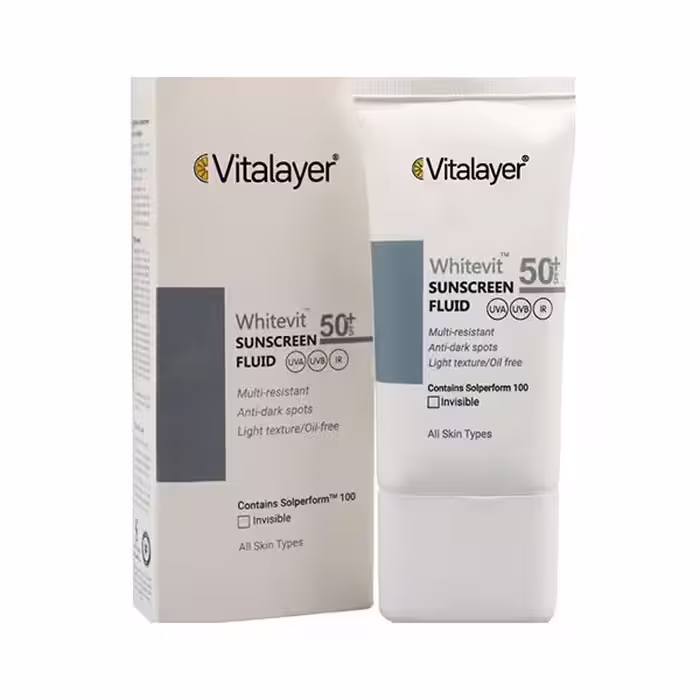 فلوئید ضد آفتاب SPF 50 ویتالیر مدل Whitevit مناسب انواع پوست کدر و دارای لک حجم 50 میلی لیتر – بی رنگ