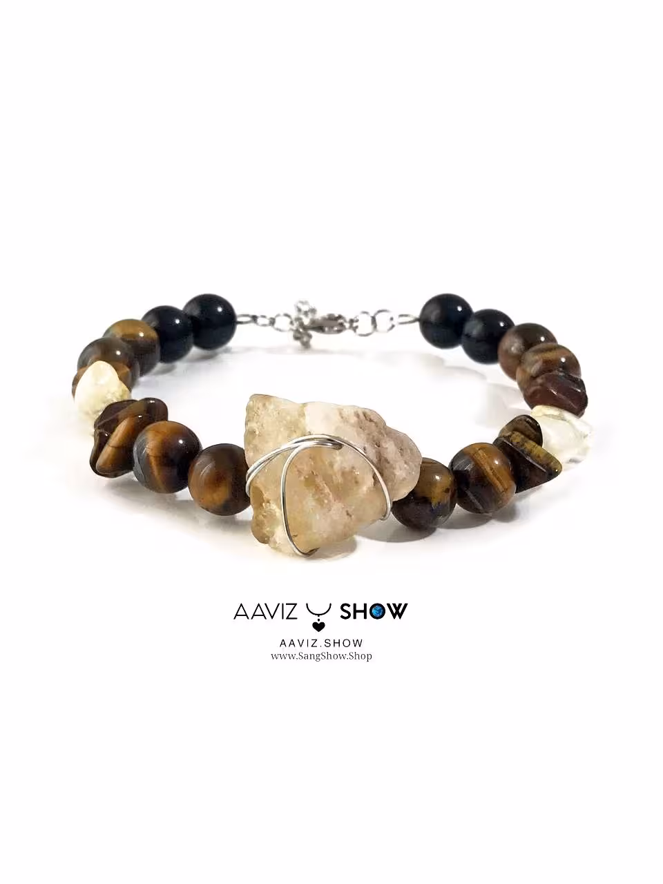 دستبند ثروت از سنگ های سیترین و چشم ببر نمونه معدنی و راف D090