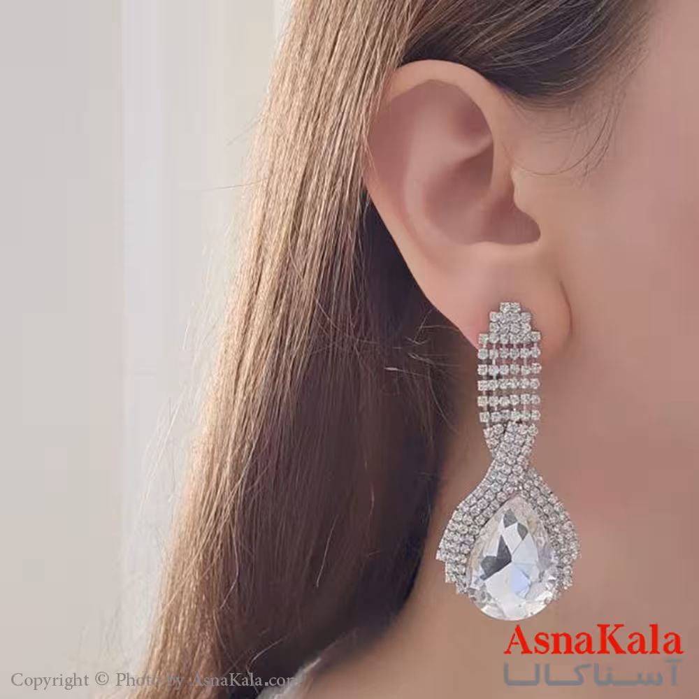 گوشواره آویز مجلسی جواهری مدل اشکی پیچ نگین دار استیل نقره ای کد GSH15515W