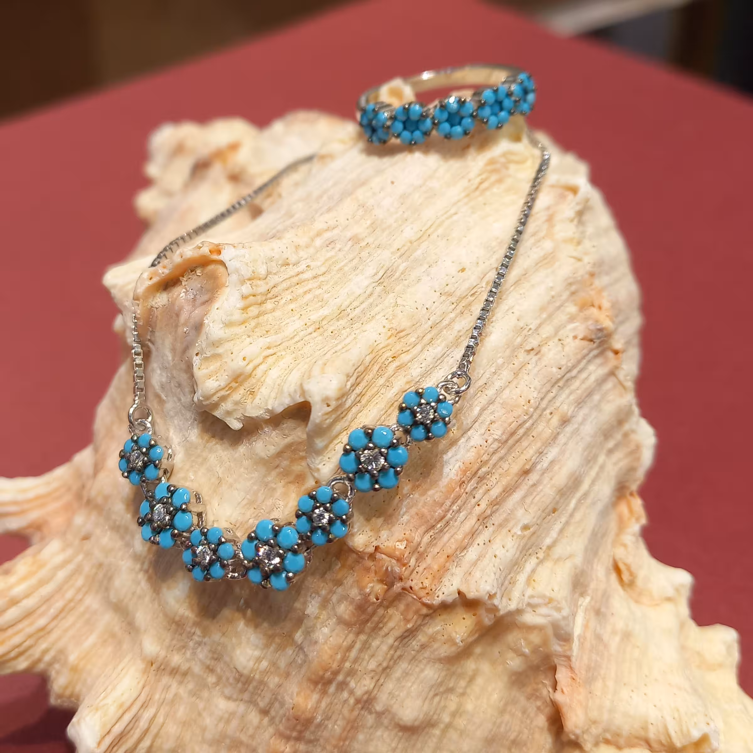 دستبند اسانسوری و انگشتر  فلوار نقره 925 روکش طلا سفید 