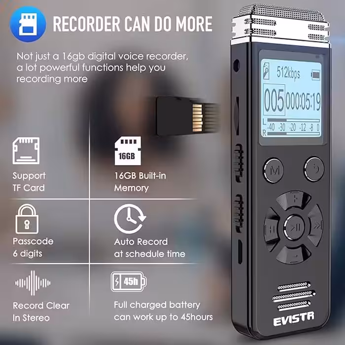 پخش کننده صوتی دیجیتال 40 گیگابایتی V508 - دستگاه ضبط دیکتافون صوتی با پخش - برند EVISTR (بار آمازون) با کیفیت عالی