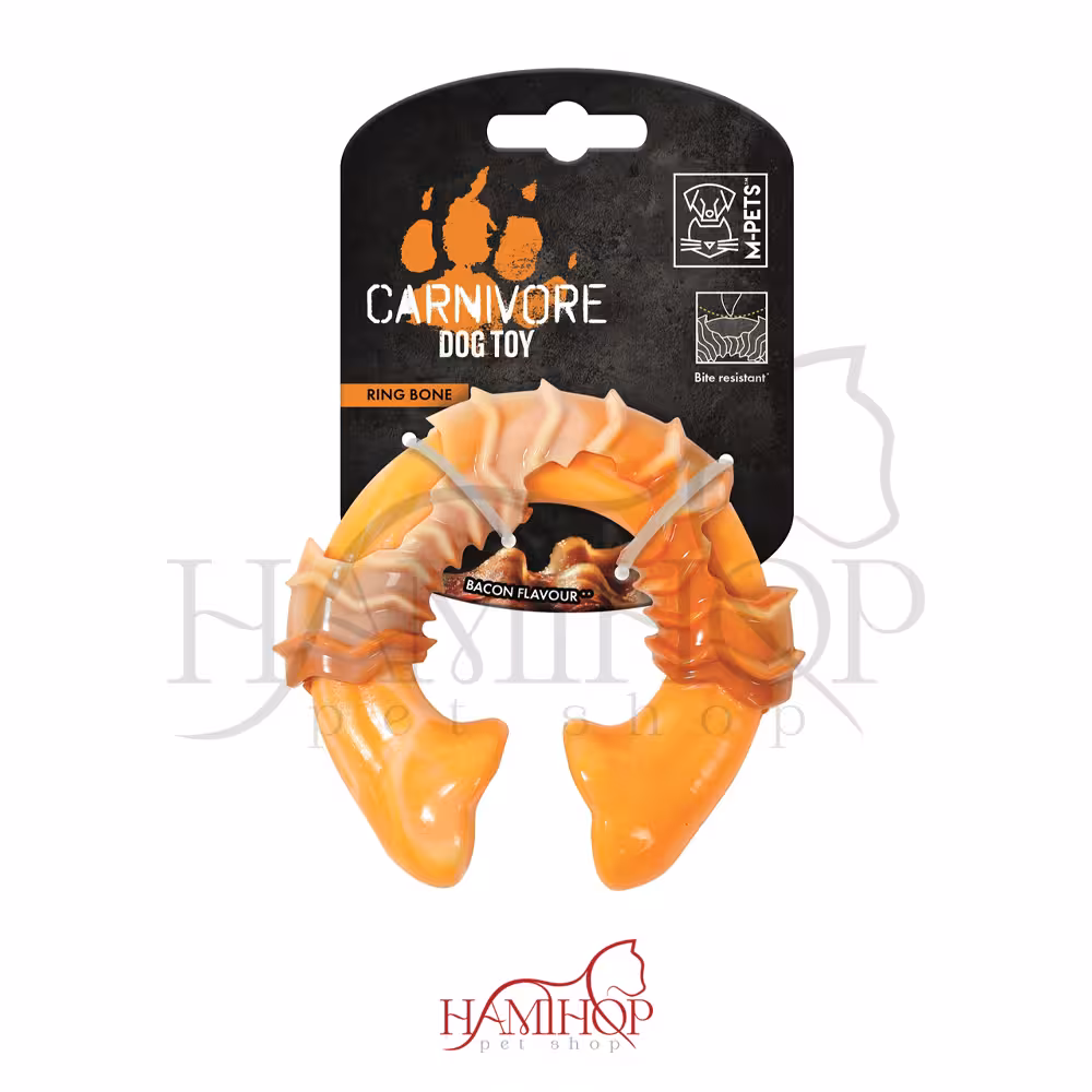 اسباب بازی دندانی مدل گوشت و استخوان حلقه ای با طعم بیکن برند ام پتس M-PETS CARNIVORE سایز S