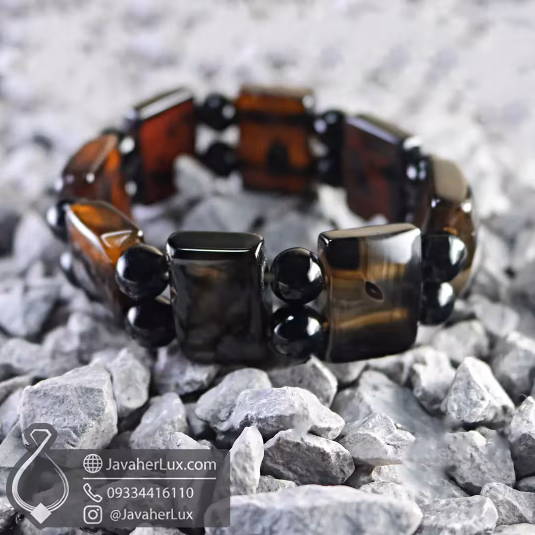 دستبند سنگ عقیق سیاه معدنی و طبیعی با نقوش خاص و منحصر بفرد _ کد : 400696