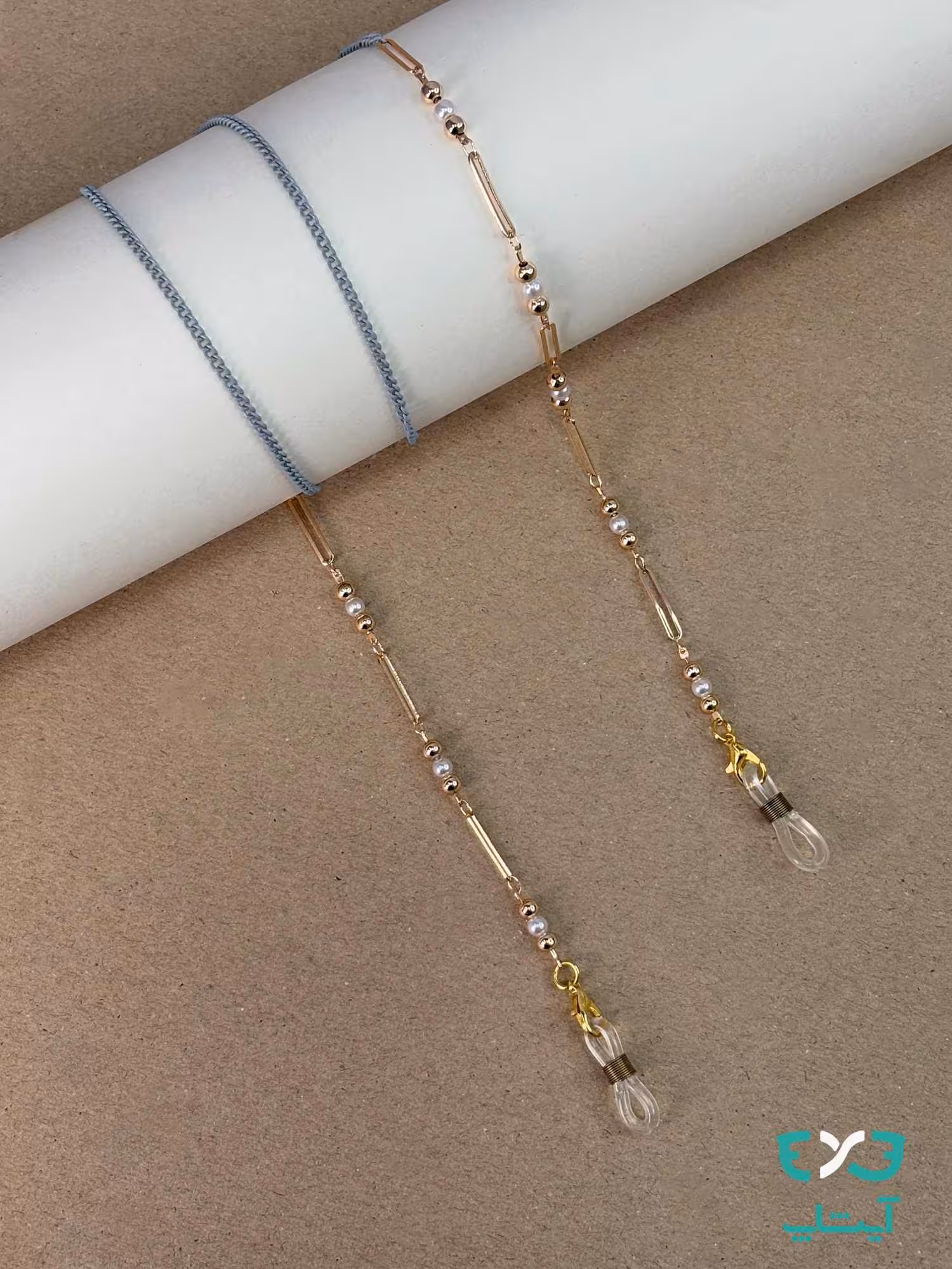 بند عینک گوی مروارید  با زنجیر طوسی