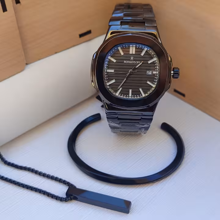 ست ساعت گردنبند دستبند پسرانه مشکی رومانسون