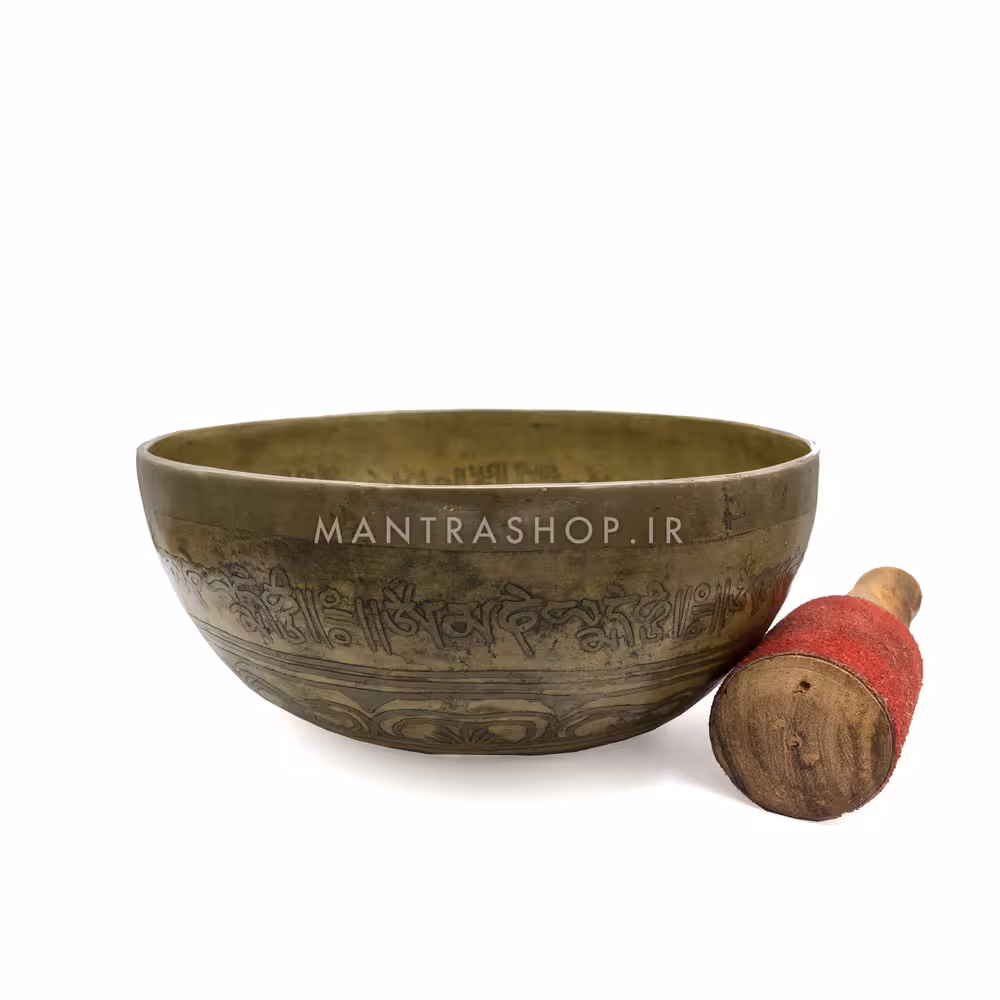 کاسه تبتی دست ساز اصل طرح آنتیک با حکاکی نقوش هندی قطر دهانه 21 سانتی متر