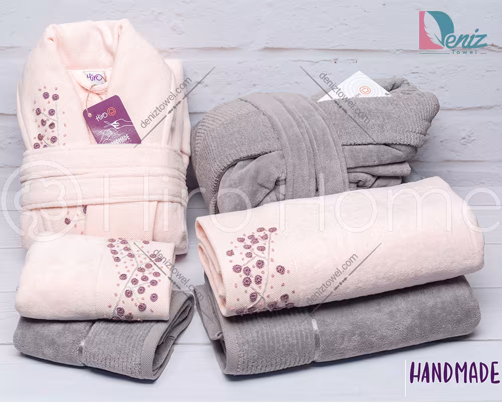 حوله ست دو نفره HANDMADE شکوفه رنگ فیلی و پودرا