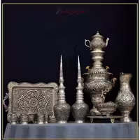 سرویس سماور برنجی 5 لیتری روکش نقره طرح اسلیمی اثر استاد هرندی