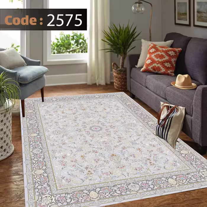 کاورفرش روفرشی دورکشدار گوشه لیفه ای طوسی کرم کد 2575