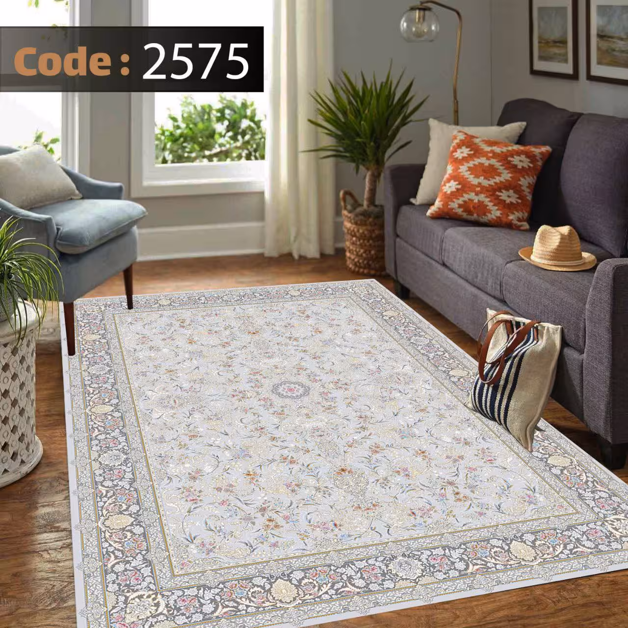 کاورفرش روفرشی دورکشدار گوشه لیفه ای طوسی کرم کد 2575