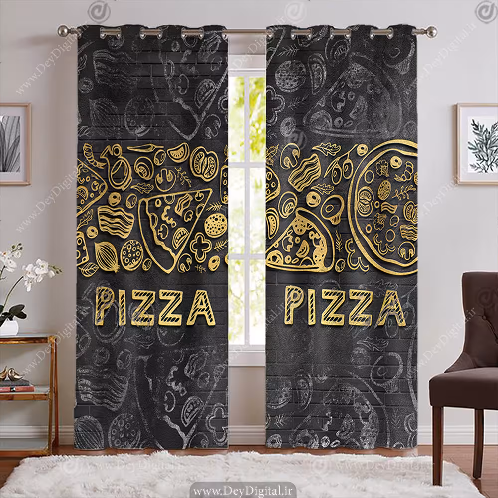 پرده پانچی شیک و جدید طرح پیتزا و فست فود با زمینه آجری تیره BA-9613-s