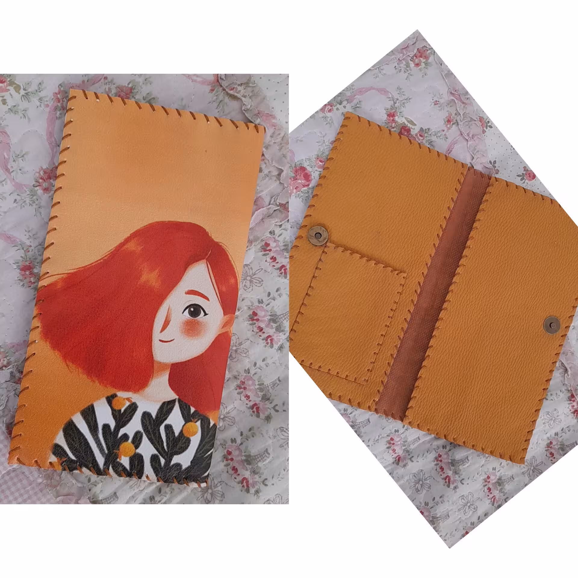 کیف پول چرم مصنوعی دست دوز طرح دختر مو قرمز