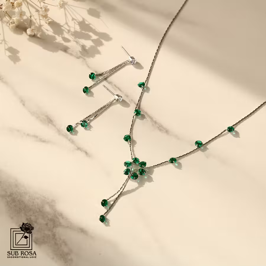 نیم ست سواروسکی گل آویز سبز 13249