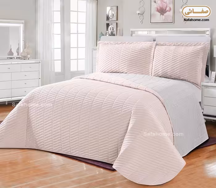 روتختی دو نفره پنبه دوزی 6 تکه راه راه طوسی و صورتی روشن