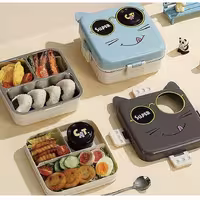 ظرف غذای داخل استیل طرح گربه 🐱 | لانچ‌باکس دو طبقه ضدنشتی LAX SON