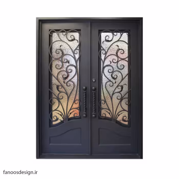 درب ورودی فلزی فرفورژه لوکس دو لنگه و شیشه خور کد 3063