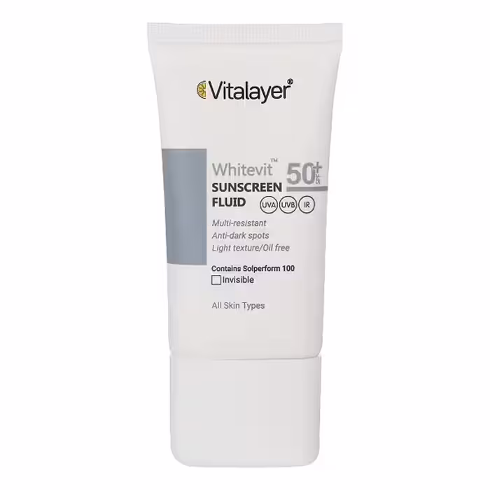 فلوئید ضدآفتاب بی‌رنگ ویتالیر SPF50 مدل وایت ویت مناسب انواع پوست حجم 50 میلی لیتر