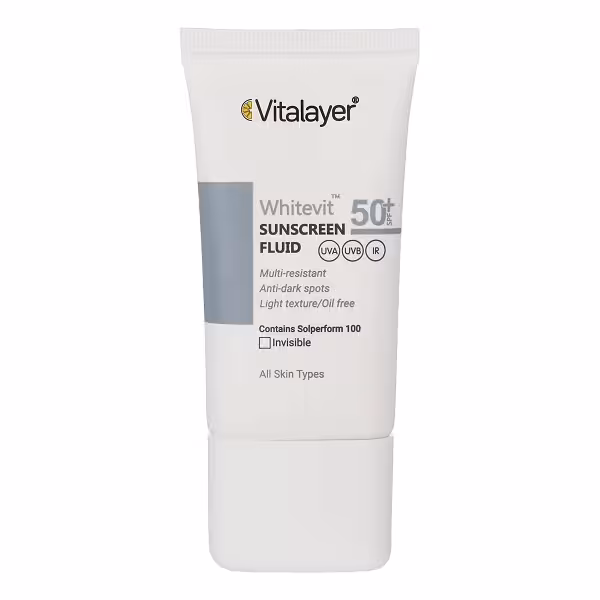 فلوئید ضدآفتاب بی‌رنگ ویتالیر SPF50 مدل وایت ویت مناسب انواع پوست حجم 50 میلی لیتر