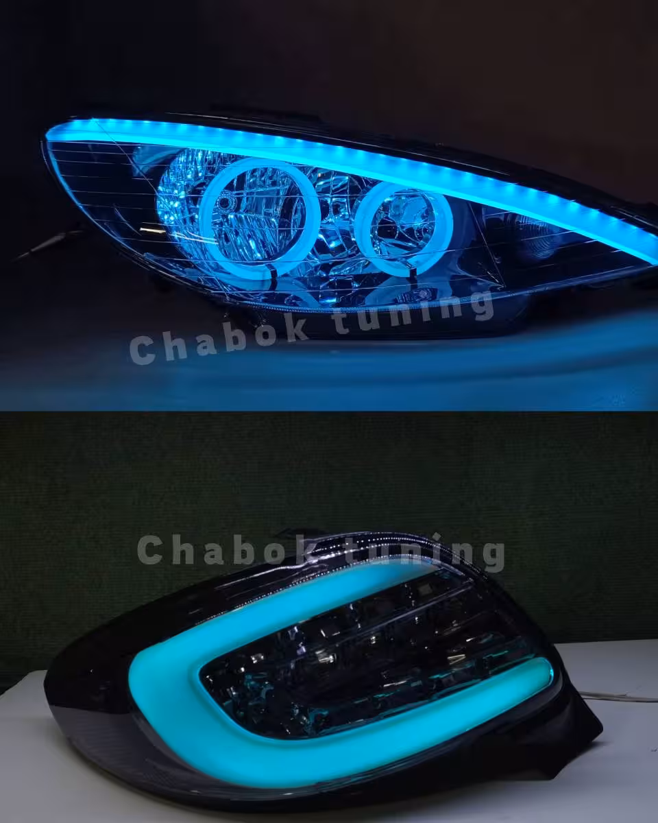 ست چراغ اسپرت پژو 206  جلو  دورینگ ابرو مات آیس بلو و خطر207دودی نئون آیس بلو