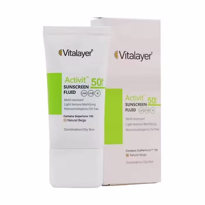 فلوئید ضد آفتاب ویتالیر رنگی بژ طبیعیSPF50 پوست چرب اکتی ویت 50 میل