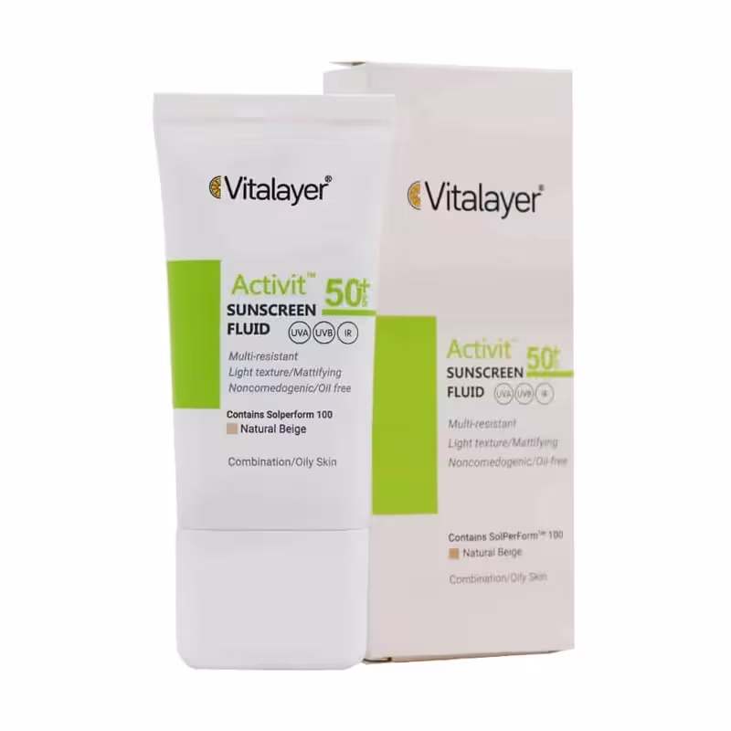 فلوئید ضد آفتاب ویتالیر رنگی بژ طبیعیSPF50 پوست چرب اکتی ویت 50 میل