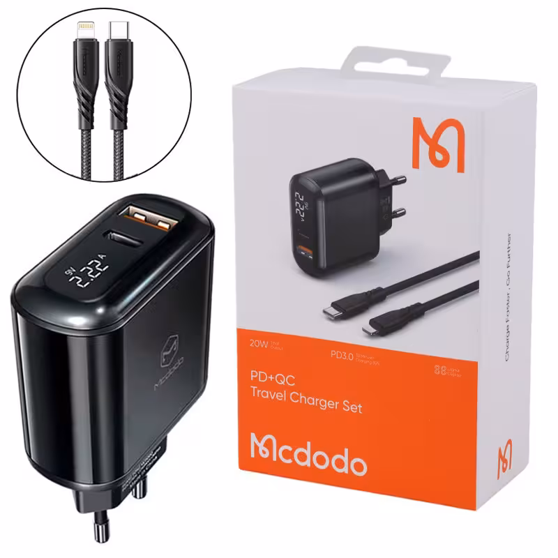 شارژر دیواری فست شارژ 2 پورت مک دودو مدل LCH-717 به همراه کابل تبدیل Type-C به Lightning