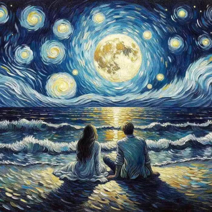 تابلو نقاشی با الماس بومدار طرح شب پرستاره عاشقانه-اورجینال