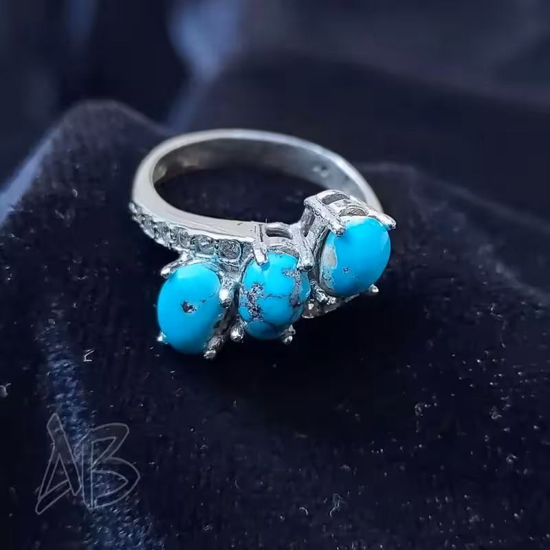 انگشتر نقره زنانه سه نگینه فیروزه نیشابور اصل آقابزرگ کد 582