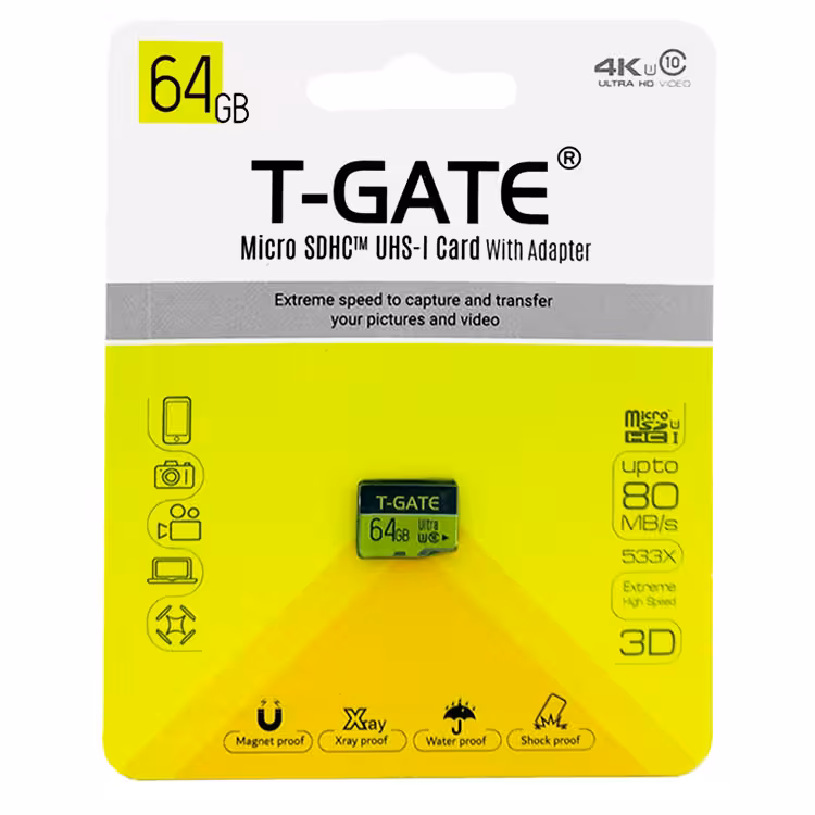 رم میکرو 64 گیگ T-GATE مدل mico SDHC U3 80MB/s 533X