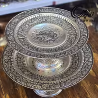 شیرینی خوری پایه بلند آب نقره قلم کاری طرح ترنج