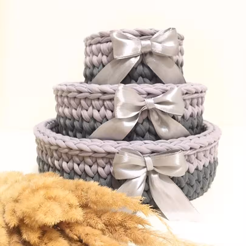 ست سبد تریکوی دیوا طوسی روشن و تیره با کفی 10 و 15 و 20 و ارتفاع 7 سانتی متر قاب