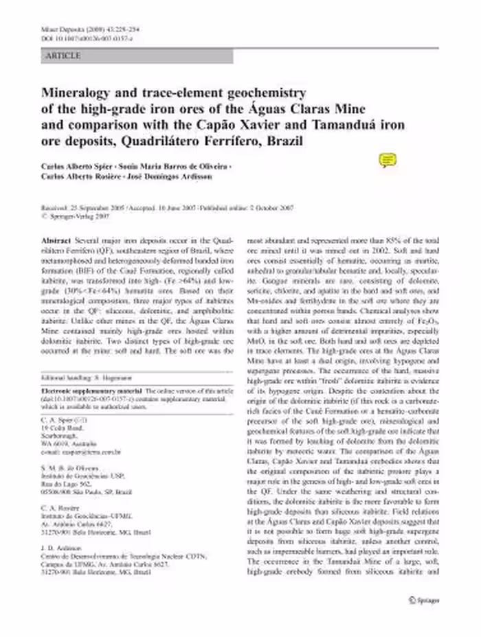 خرید و دانلود نسخه کامل کتاب Mineralogy and trace-element geochemistry of the high-grade iron ores of the Águas Claras Mine and comparison with the Capão Xavier and Tamanduá iron ore deposits, Quadrilátero Ferrífe