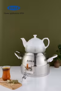 کتری قوری استیل شیر دار 5لیتری دسته سفید مات بالا ریور کد 3878