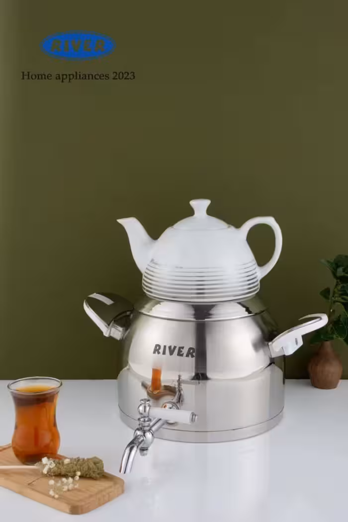 کتری قوری استیل شیر دار 5لیتری دسته سفید مات بالا ریور کد 3878