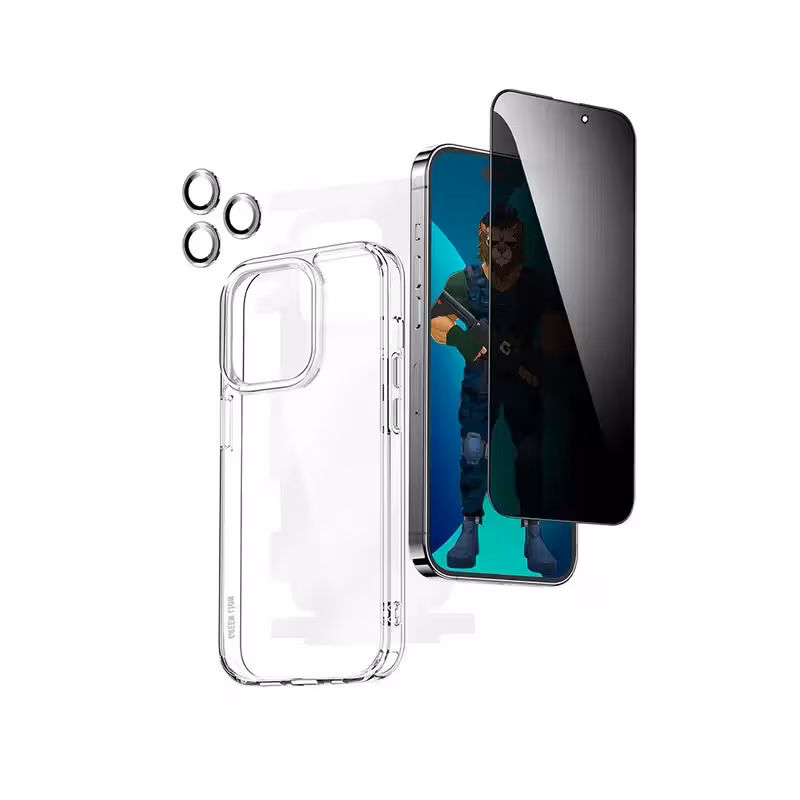 محافظ صفحه نمایش حریم شخصی گرین مدل protection pack privacy مناسب برای گوشی موبایل اپل iphone 14 pro max به همراه محافظ پشت گوشی و محافظ لنز و کاور