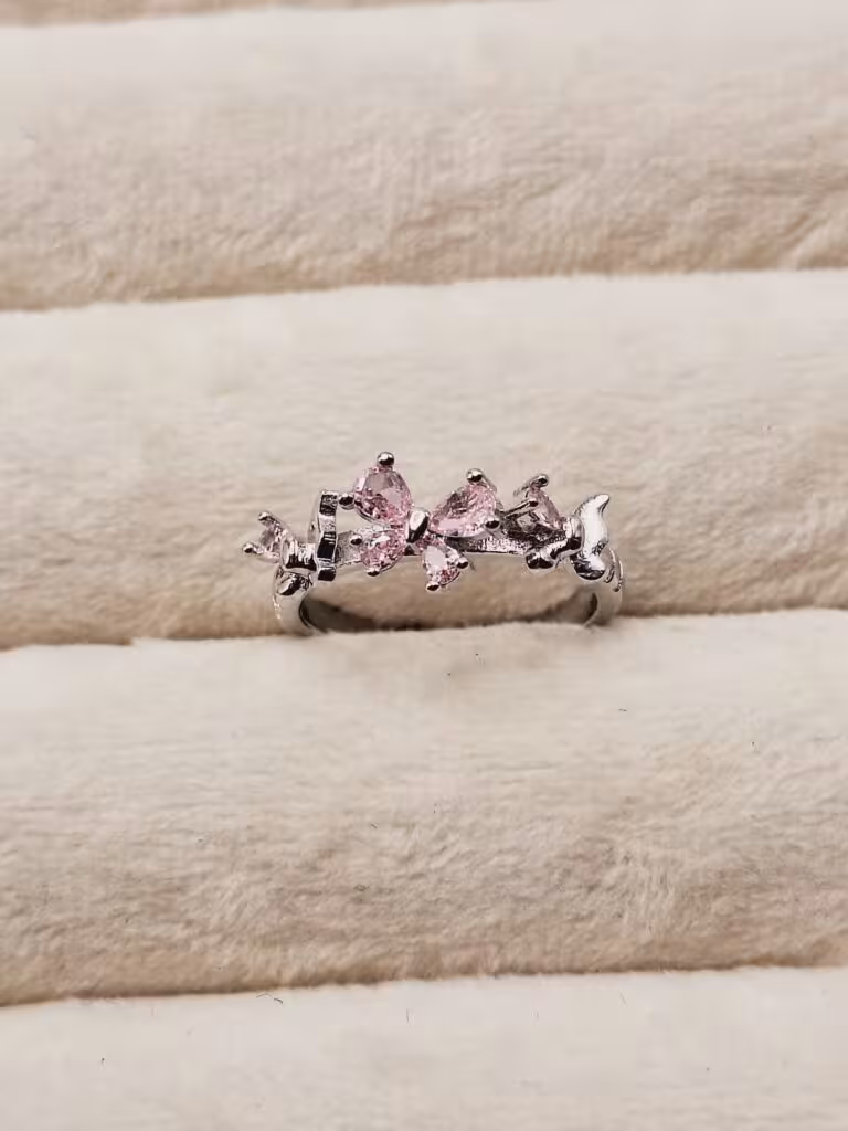 انگشتر جواهری 3 پروانه کوچک صورتی و سفید