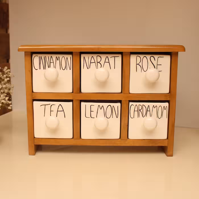 جای ادویه 6 پارچه مدل چوبی و سرامیکی کد Text06