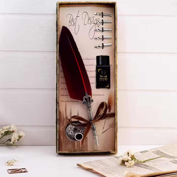 ست کالیگرافی قلم پر غاز قرمز Calligraphy set feather pen red goose