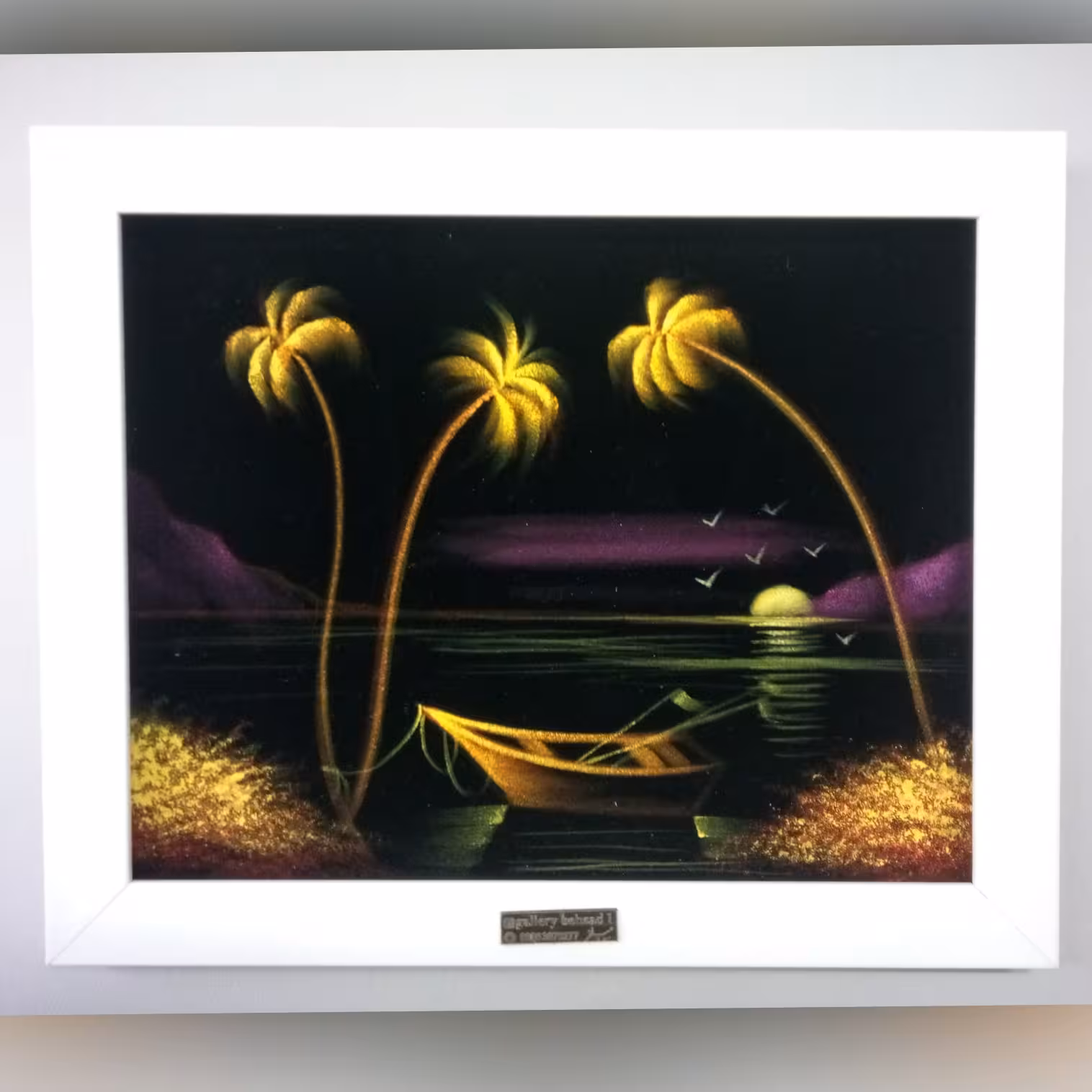 تابلو نقاشی غروب و قایق و نخل کار مخمل با رنگ اکرلیک